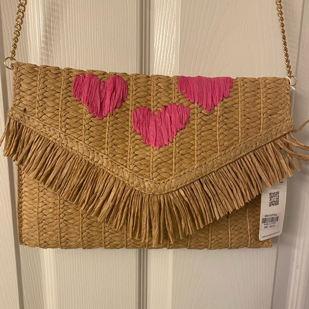 NWT URBAN EXPRESSIONS Straw Clutch Crossbody Pink Hearts